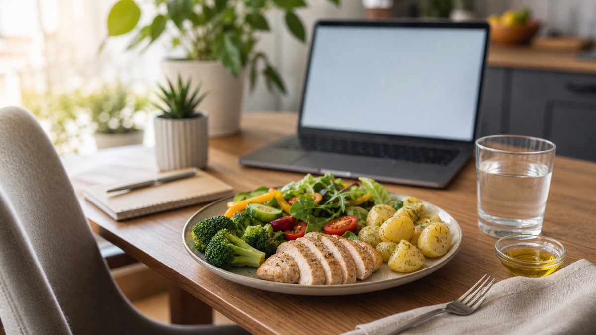 Zbilansowany lunch przy biurku z warzywami, białkiem, kaszą i wodą