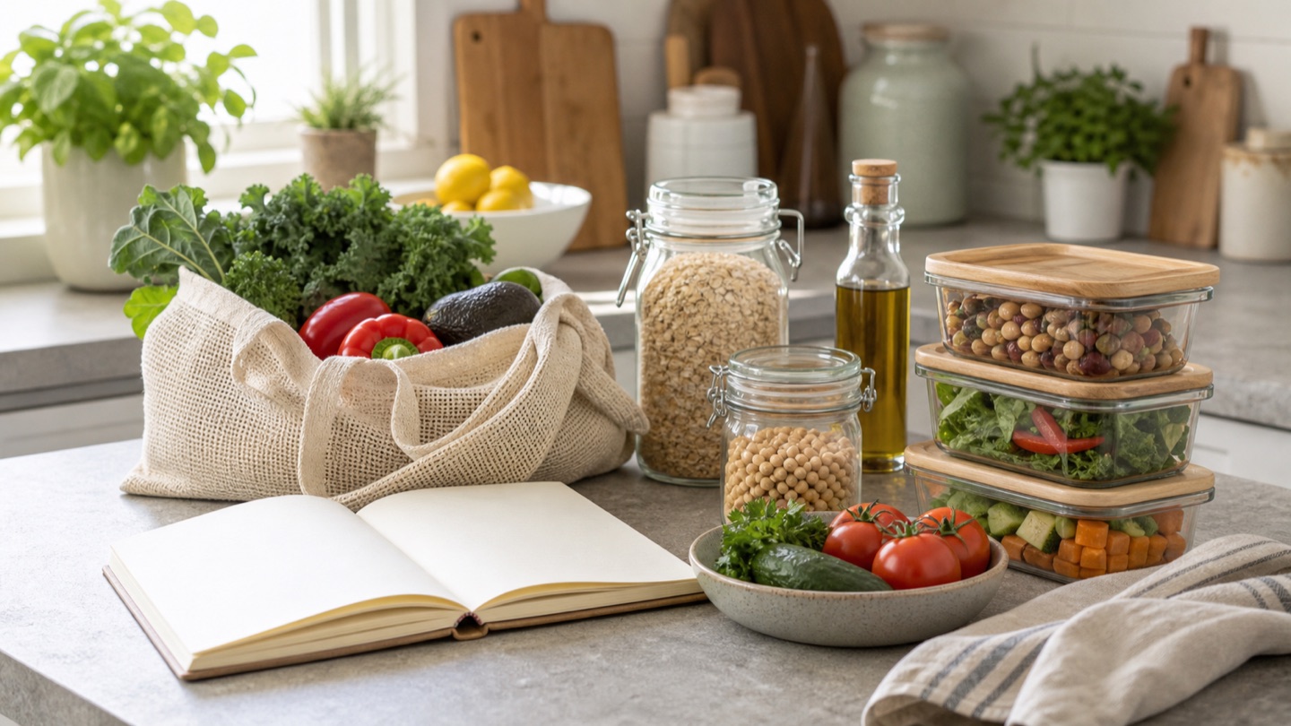 Planowanie posiłków z notatnikiem i codziennymi produktami